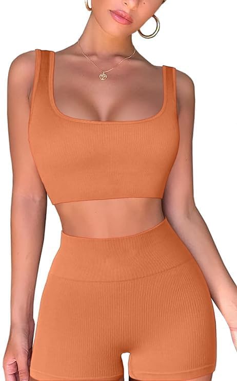 QINSEN Workout Sets for Women 2 Piece Seamless Ribbed Crop Tank High Waist Shorts Yoga Outfits