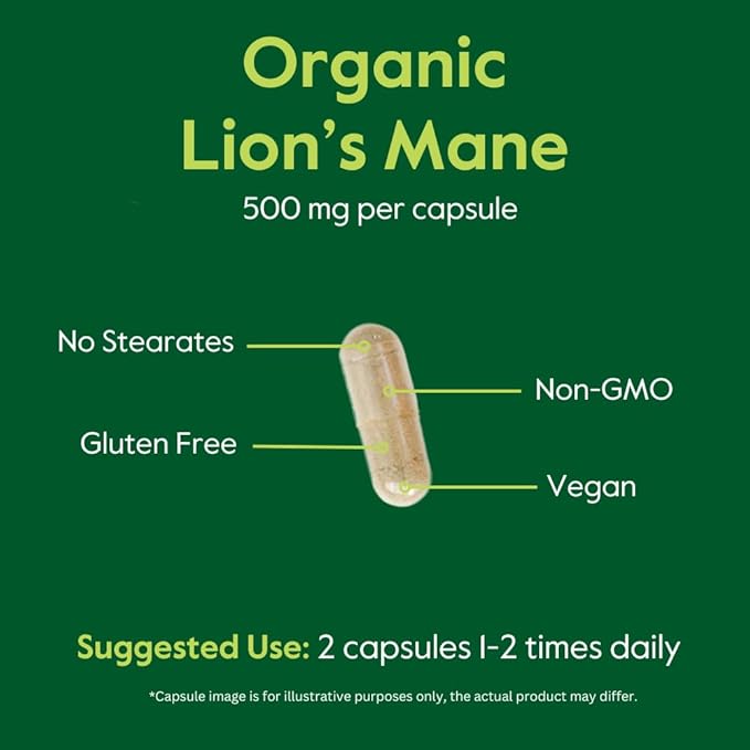 Organic Lion's Mane 500mg (120 Veggie Capsules) - No Stearates - Vegan - Non GMO - Gluten Free - Certified Organic Lion's Mane