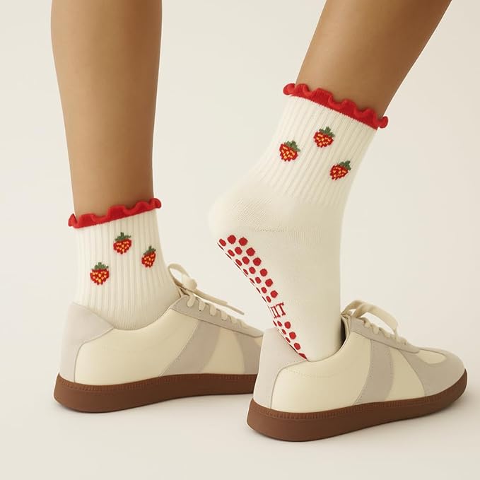 Shapes Studio Crew Half Calf Grip Socks, Cutest Fruits Pilates Socks, Ruffle socks, Non-Slip, Barre Yoga Fitness