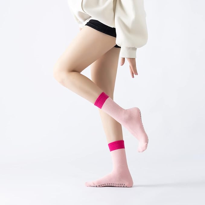 Yoga Pilates Socks with Grips for Women Non Slip Color Blocking Cushioned Crew Socks for Barre Ballet Dance