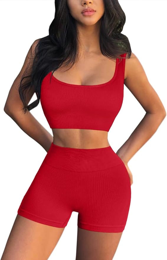 QINSEN Workout Sets for Women 2 Piece Seamless Ribbed Crop Tank High Waist Shorts Yoga Outfits