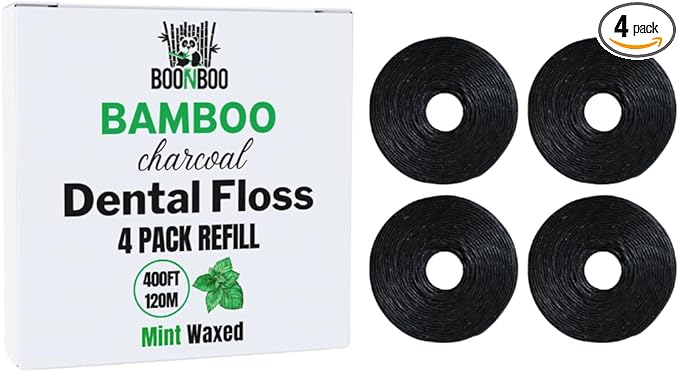 BOONBOO Dental Floss Refill Rolls, Charcoal Woven Thread, 4 Pack, Mint Flavor…