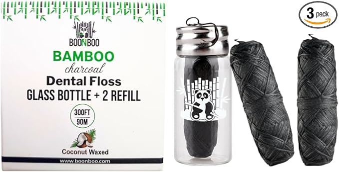 BOONBOO Dental Floss, Bamboo Charcoal Woven Thread, Glass Bottle + 3 Spools, Total 300FT/90M, Waxed, Coconut