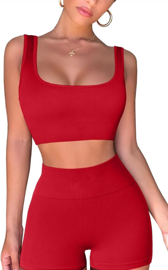 QINSEN Workout Sets for Women 2 Piece Seamless Ribbed Crop Tank High Waist Shorts Yoga Outfits