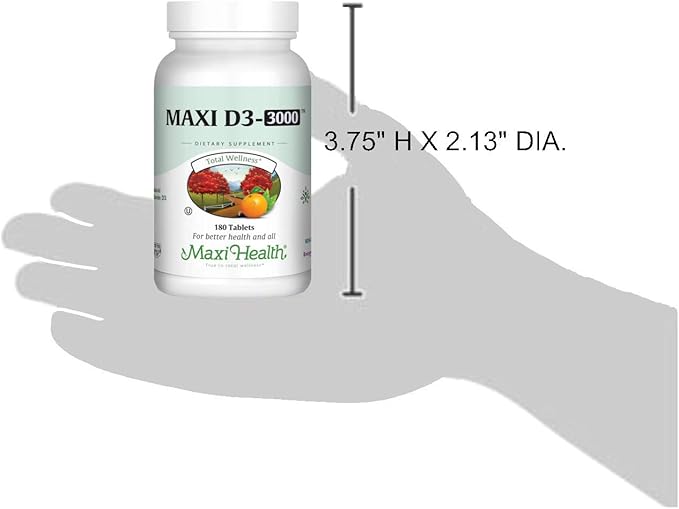Maxi Health Vitamin D3 3000 IU 75 mcg Vitamin D Supplement for Healthy Bones, Teeth, Immune Support - VIT D3 Supplement Easy to Swallow Non-GMO, Supplement for Men and Women – Kosher (180 Tablets)