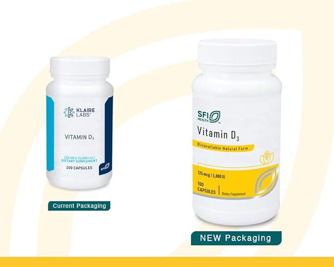 Klaire Labs SFI Health Vitamin D3 5000 IU - High Potency Vitamin D 125mcg - Immune Support - Helps Promote Bone & Heart Health - Hypoallergenic (100 Capsules)