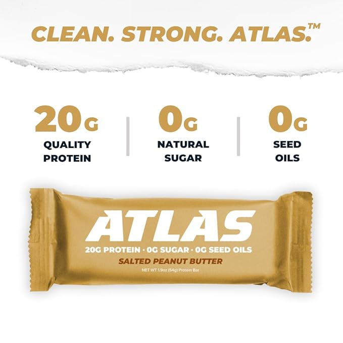 Atlas Protein Bars - 20g Protein, 0g Natural Sugar, 0g Seed Oils, No Sugar Alcohols, No Artificial Ingredients (Salted Peanut Butter, 12 Pack)