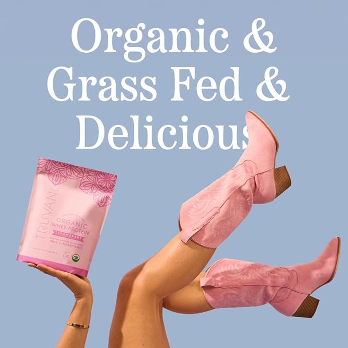 Truvani Organic Whey Protein Powder | Strawberry | 20g Grass Fed Whey Protein | 20 Servings | USDA Organic & Non-GMO | Gluten Free | No Gums, No Soy, No Stevia, No Added Sugars