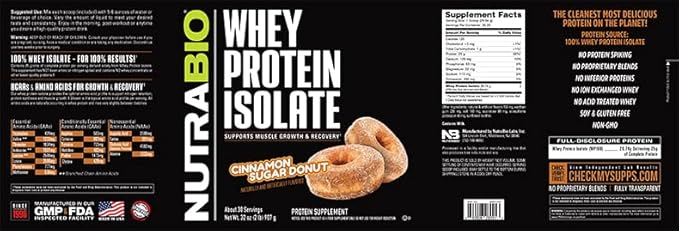 NutraBio 100% Whey Protein Isolate Protein Powder, 25g Protein with Complete Amino Acid Profile, Non-GMO, Soy & Gluten Free, Low Carb, Low Calorie Whey Protein Powder, Cinnamon Sugar Donut, 2 Lbs