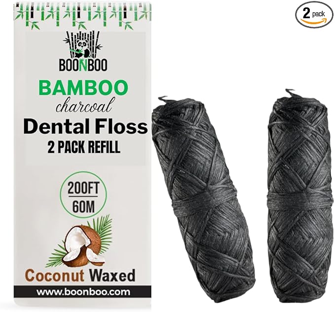BOONBOO Dental Floss Refill, Charcoal Woven Thread, 2pcs of 100FT/30M - Total 200FT/60M, Waxed, Coconut