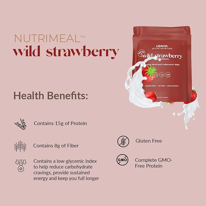 USANA Nutrimeal Meal Replacement Shake - Wild Strawberry - NON-GMO - Gluten Free - Low Glycemic - 540 Grams - 9 Servings