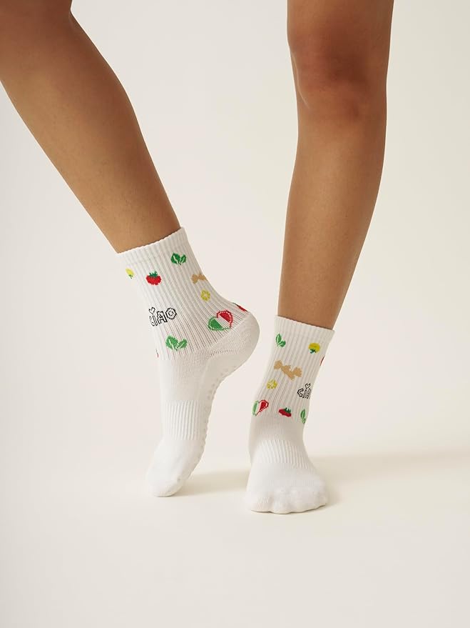 Shapes Studio Crew Half Calf Grip Socks, Cutest Fruits Pilates Socks, Ruffle socks, Non-Slip, Barre Yoga Fitness