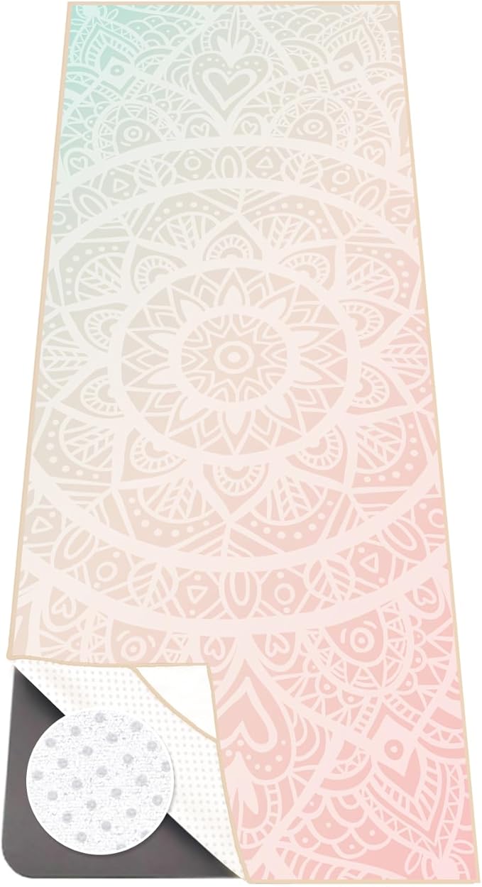 Colorful Star Yoga Towel with Corner Pockets, Non Slip Grip Dots Sweat Absorbent Hot Yoga Mat Towels, Soft Yoga Blankets with Travel Bag, Mat Cover for Workout, Gym, Fitness - 70"x26", Pink Mandala