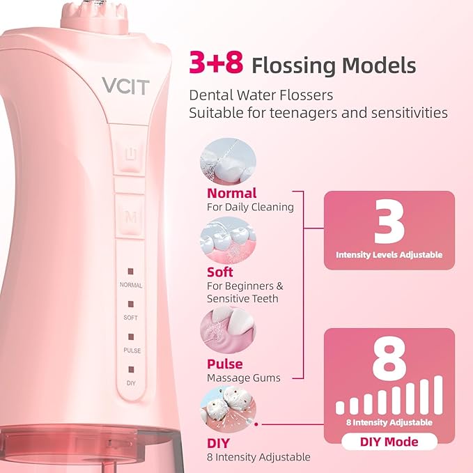 Water Dental Flosser for Teeth: 350ML Cordless Portable 4 Modes Oral Irrigator, IPX7 Waterproof, Rechargeable Water Floss Pik for Cleaning Gum Care Braces for Home Travel(Pink)