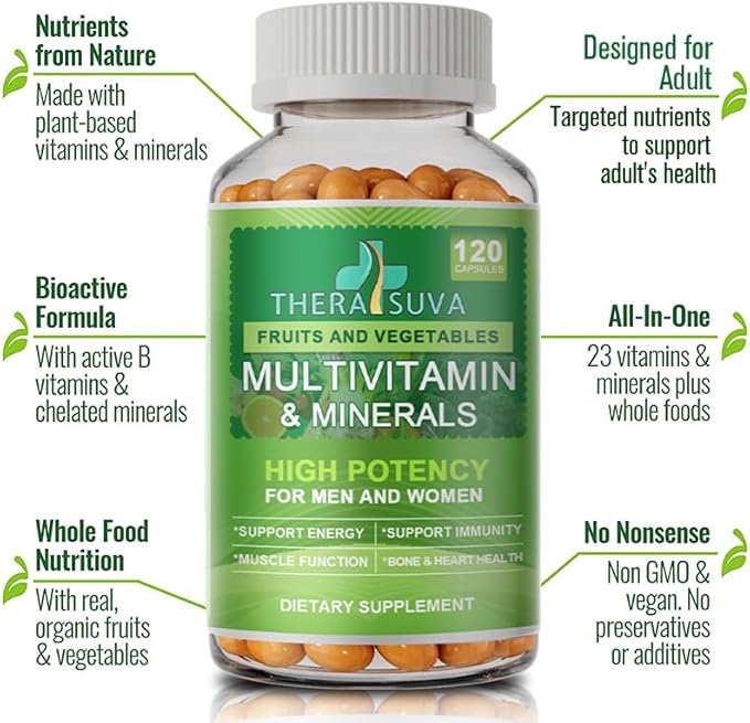All Natural Multivitamins & Minerals + B Complex + Calcium + Magnesium + Zinc, 100% Vegan Sourced Whole Food Supplement, Complete Nutritional Support for Men & Women- 120 Capsules, 60 Day Supply