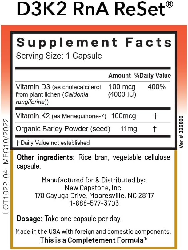 RnA ReSet D3K2 Reset – 4,000 IU Vitamin D3 & 100 mcg K2 Supplement (60 Capsules)