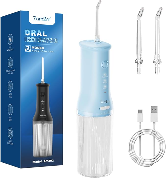 7AM2M Portable Water Flosser Cordless, Water Flosser with 3 Modes and 2 Jet Tips, USB C Rechargeable, IPX7 Waterproof, Dental Water Flosser for Travel and Home Use (Light Blue)