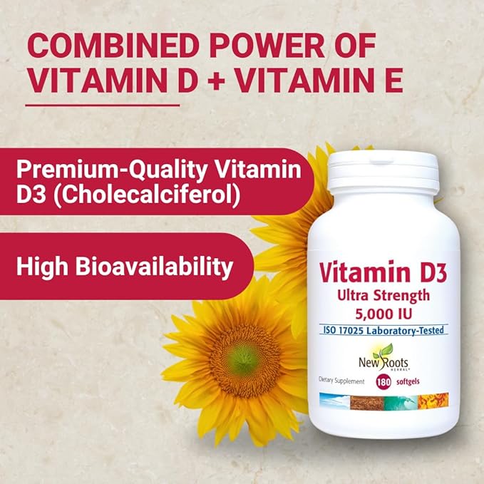 NEW ROOTS HERBAL Vitamin D3 Supplement 5000 IU + Vitamin E from Non-GMO Sunflower for Ultra Strength (180 Softgels) Effective Immune Support, GMP Certified from
