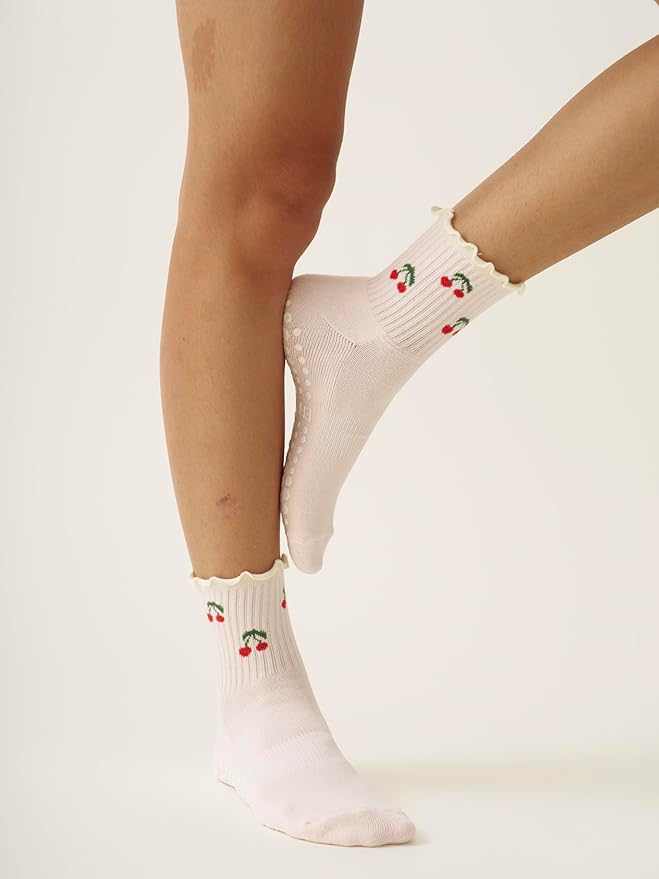 Shapes Studio Crew Half Calf Grip Socks, Cutest Fruits Pilates Socks, Ruffle socks, Non-Slip, Barre Yoga Fitness