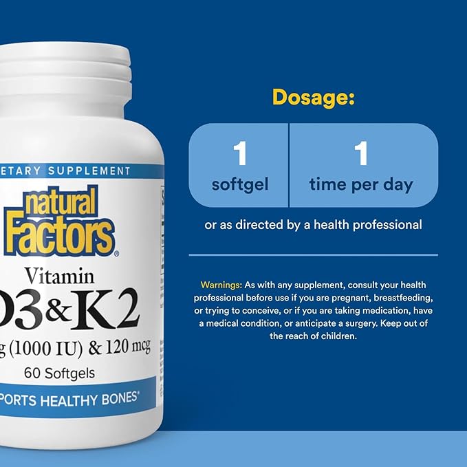 Natural Factors, Vitamin D3 & K2 1000 IU and 120 mcg, Supports Bone and Vascular Health, 60 Softgels