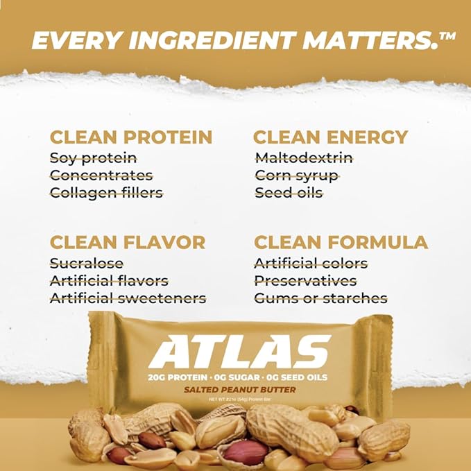 Atlas Protein Bars - 20g Protein, 0g Natural Sugar, 0g Seed Oils, No Sugar Alcohols, No Artificial Ingredients (Salted Peanut Butter, 12 Pack)