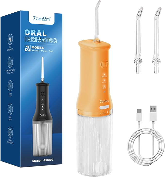7AM2M Portable Water Flosser Cordless, Water Flosser for Teeth with 3 Modes and 2 Jet Tips, USB C Rechargeable, IPX7 Waterproof, Dental Water Flosser for Travel and Home Use (Orange)