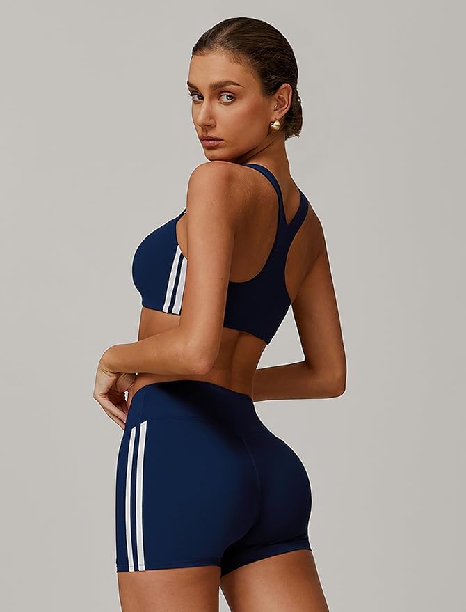 Workout Sets for Women 2 Piece Contrast Panel Sports Bra Tummy Control Butt lifting Shorts Jogger Outfits 