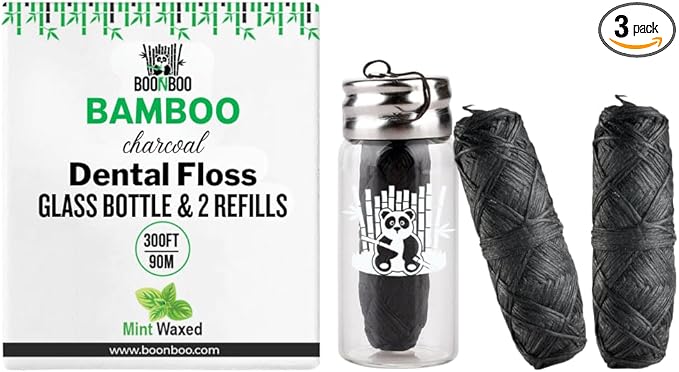 BOONBOO Dental Floss, Bamboo Charcoal Woven Threads, Refillable Glass Bottle, 3 Pieces, Mint