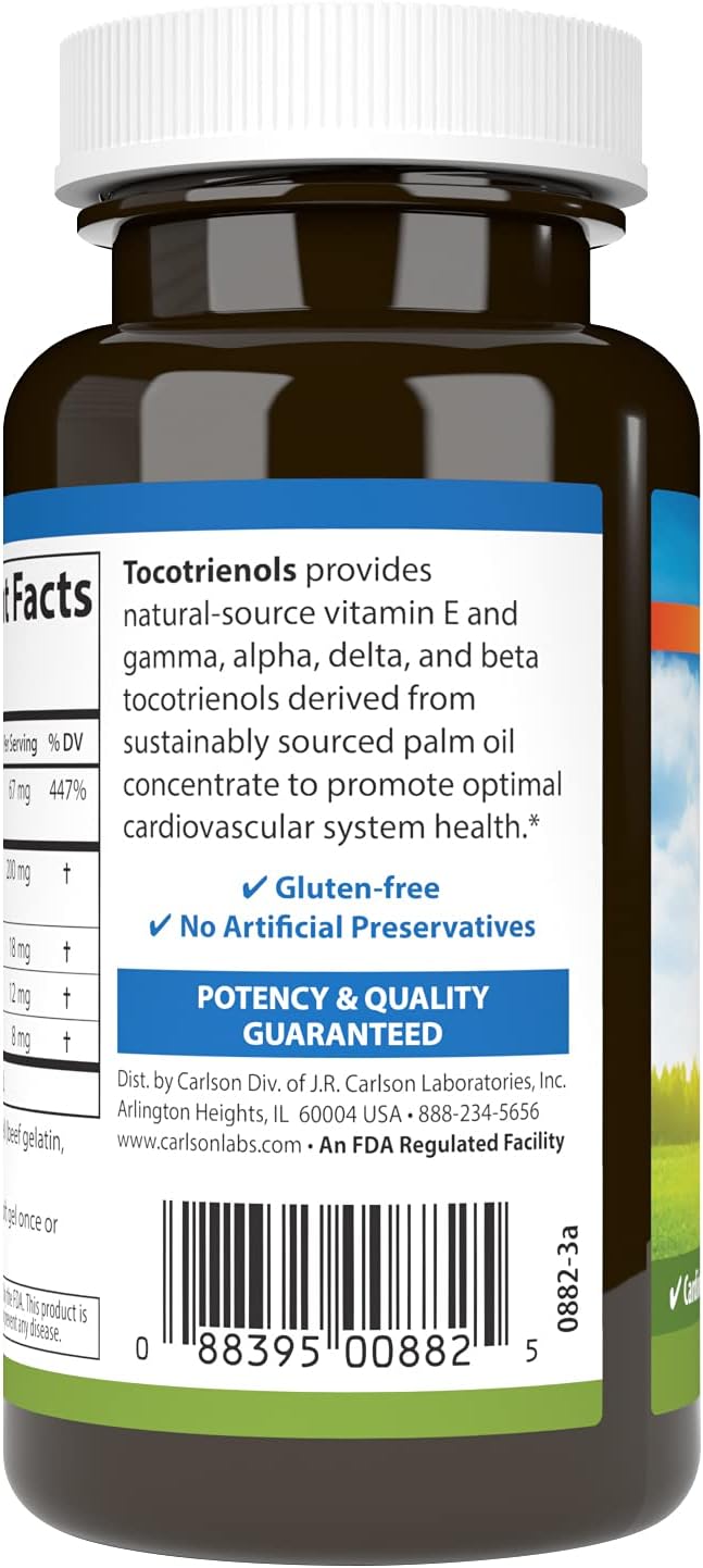 Carlson - Tocotrienols, 40 mg, with Natural-Source Vitamin E, Gamma, Alpha, Delta, Beta, Sustainably Sourced, 180 Softgels