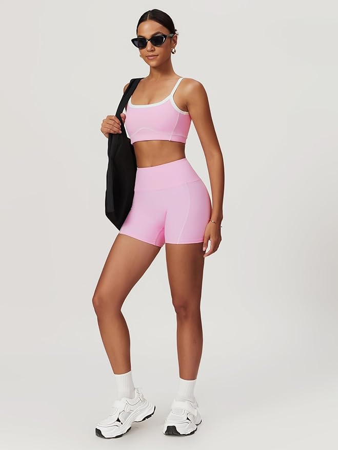 Workout Sets for Women 2 Piece Contrast Panel Sports Bra Tummy Control Butt lifting Shorts Jogger Outfits 