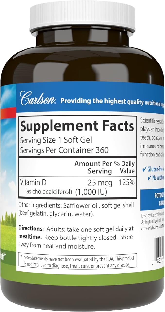 Carlson - Vitamin D3, 1000 IU (25 mcg), Bone Health, Muscle Health, Cholecalciferol, Vitamin D Supplements, Vitamin D3 Soft Gels, 360 Softgels