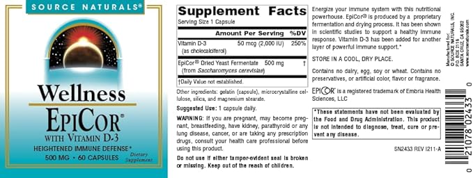 Source Naturals Wellness EpiCor with Vitamin D-3 for Heightened Immune Defense* - 60 Capsules