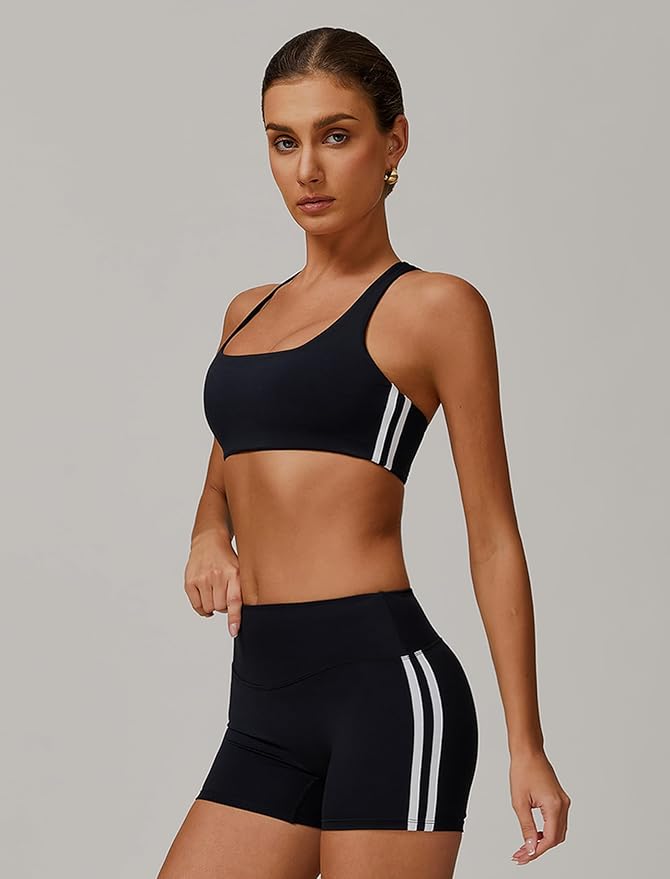 Workout Sets for Women 2 Piece Contrast Panel Sports Bra Tummy Control Butt lifting Shorts Jogger Outfits 