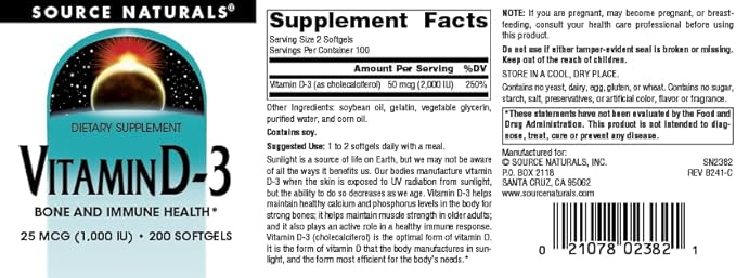 Source Naturals Vitamin D-3 1000 iu Supports Bone & Immune Health* - 200 Softgels