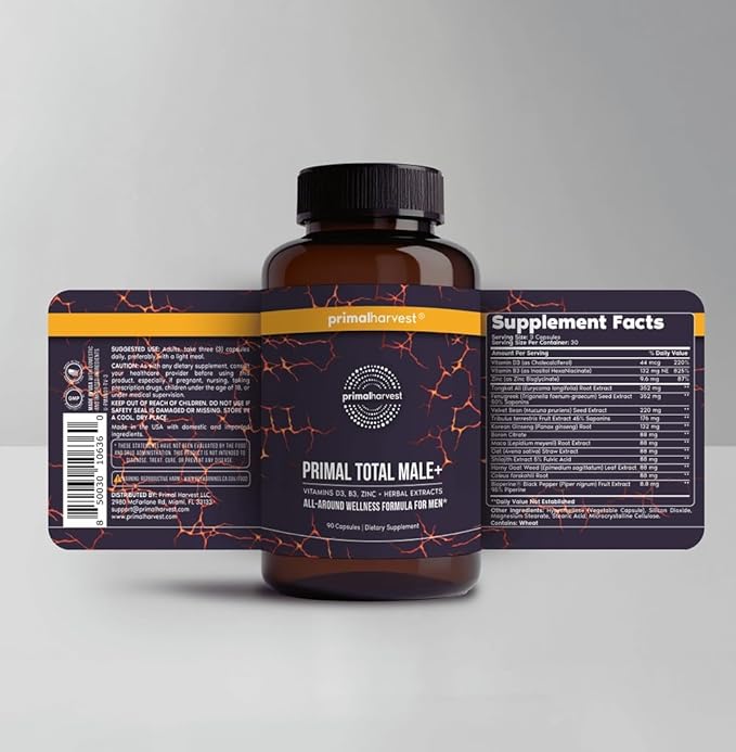 Primal Harvest Total Male+ Multivitamin for Men with Essential Vitamins, Minerals and Herbal Support for Energy, Vitality, Immune Health and Performance