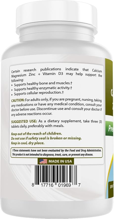 Best Naturals Calcium Magnesium Zinc with Vitamin D3, 150 Tablets - Calcium 1000 mg, Magnesium 400 mg, Zinc 25 mg & D3 600 IU per Serving (3 Tablets)