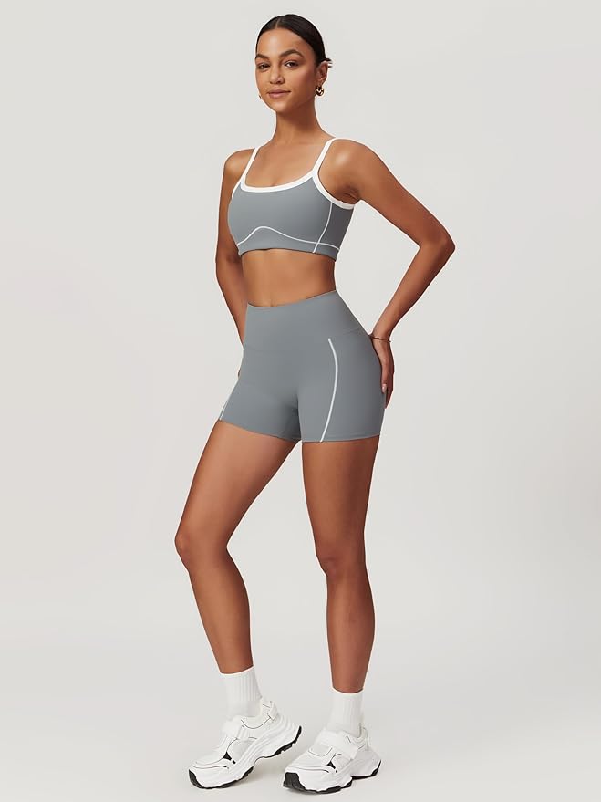 Workout Sets for Women 2 Piece Contrast Panel Sports Bra Tummy Control Butt lifting Shorts Jogger Outfits 