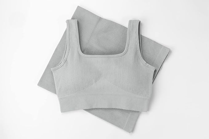 QINSEN Workout Sets for Women 2 Piece Seamless Ribbed Crop Tank High Waist Shorts Yoga Outfits