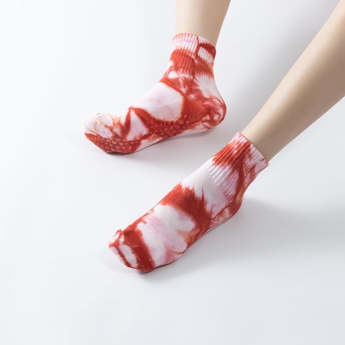 Yoga Pilates Socks with Grips for Women Non Slip Fleece Tie Dye Cushioned Ankle Socks for Barre Ballet Dance