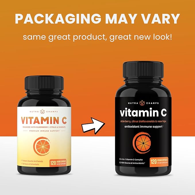 NutraChamps Vitamin C 1000mg with Rose HIPS, Vitamin C Supplement with Elderberry & Citrus Bioflavonoids, Kids Immune Boosting Supplement, 500mg Capsules Pill