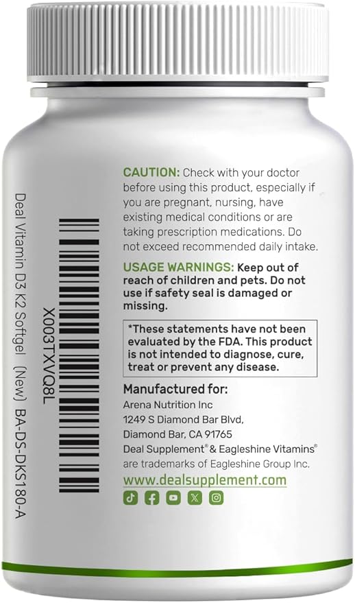 DEAL SUPPLEMENT Vitamin D3 5,000 IU + K2 MK7 Softgels, 250 Count | 2-in-1 Complex | Supports Heart, Bone, Teeth & Immune Health* | Easy to Swallow