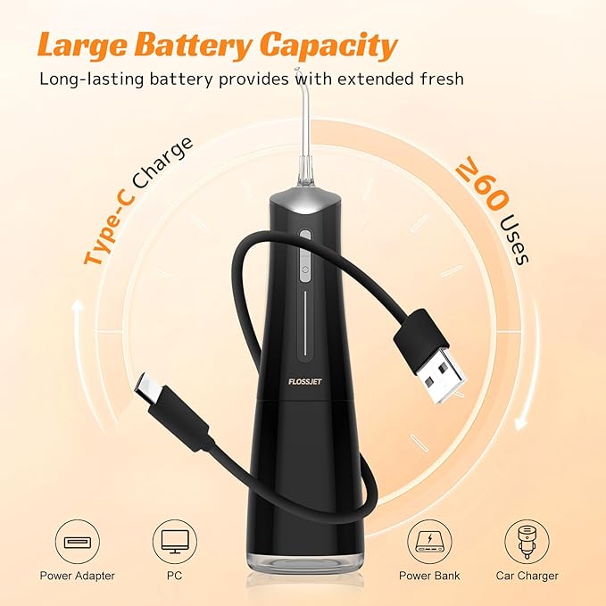 Water Dental Flosser Cordless Oral Irrigator with 300ml 5 Tips 4 Modes USBCharger Portable Travle Irrigation Cleaner IPX7 Electric Irrigador Dental for Teeth Cleaning (Black)
