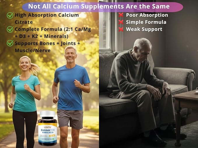 Lovita Calcium Citrate 800 mg with Magnesium, Vitamin D3 & K2, Bone Strength & Density Supplement for Women & Men, Supports Teeth, Immune Health, Gluten Free, Non-GMO, 360 Vegan Tablets
