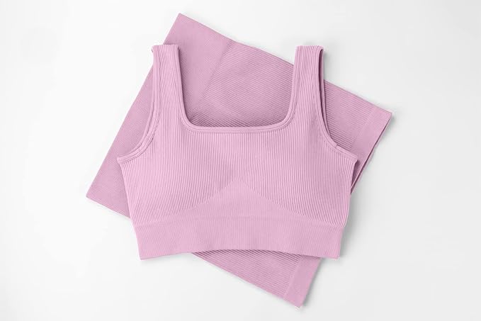 QINSEN Workout Sets for Women 2 Piece Seamless Ribbed Crop Tank High Waist Shorts Yoga Outfits