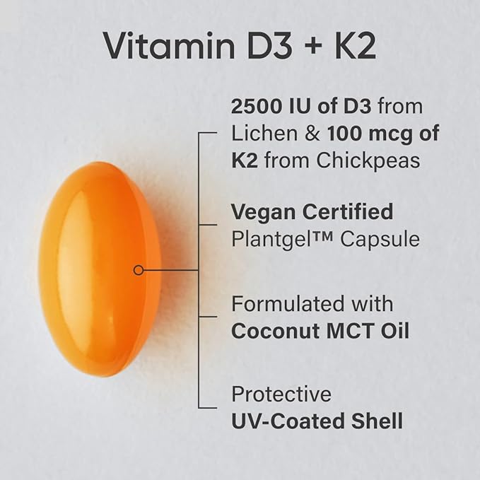 Sports Research® Vitamin D3 + K2 w/Coconut Oil - Vegan Vitamin D 2500iu (62.5mcg) & Mk7 Vitamin K 100mcg for Bone & Immune Support - Vegan Certified · Non-GMO · Soy Free - 60 Softgels