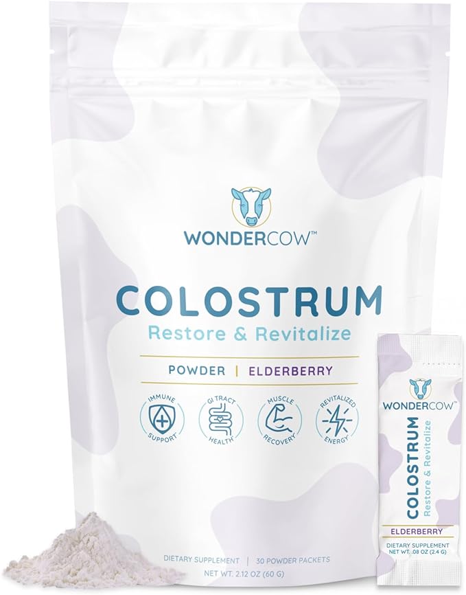 WONDERCOW Colostrum Supplement Powder for Gut Health, Immune Support, Muscle Recovery & Wellness | Natural IgG Pure Whole Bovine Colostrum Superfood, Elderberry, 30 Servings