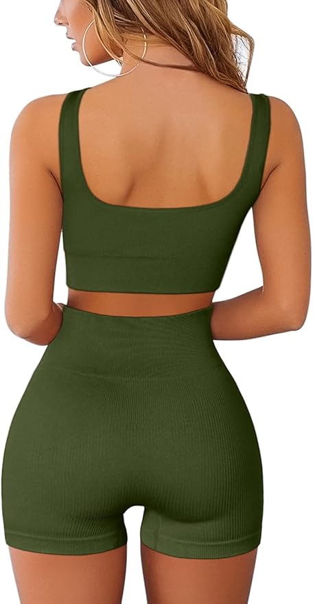 QINSEN Workout Sets for Women 2 Piece Seamless Ribbed Crop Tank High Waist Shorts Yoga Outfits
