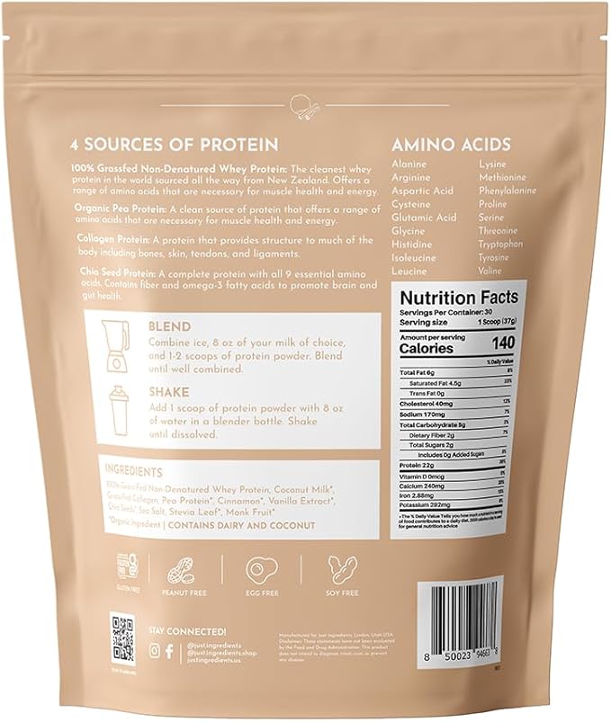JUST INGREDIENTS Snickerdoodle Protein Powder - Grass-Fed Whey, Plant Proteins, Cinnamon Vanilla - 30 Servings