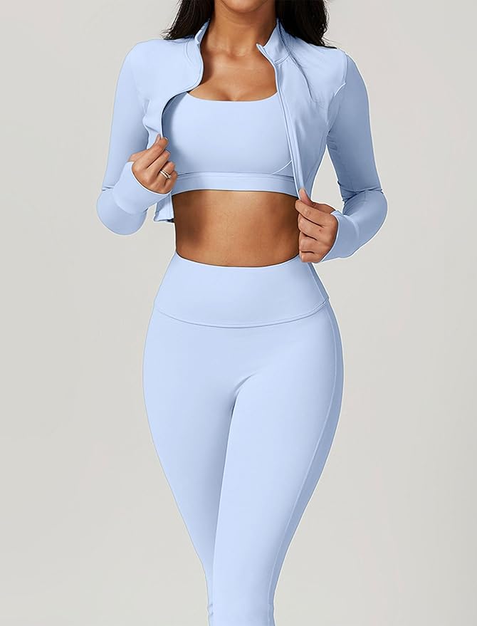 Workout Sets for Women 3 Piece High Waisted Seamless Leggings Crop Top Jacket Gym Yoga Outfit Stretchy Sports Bra Sets