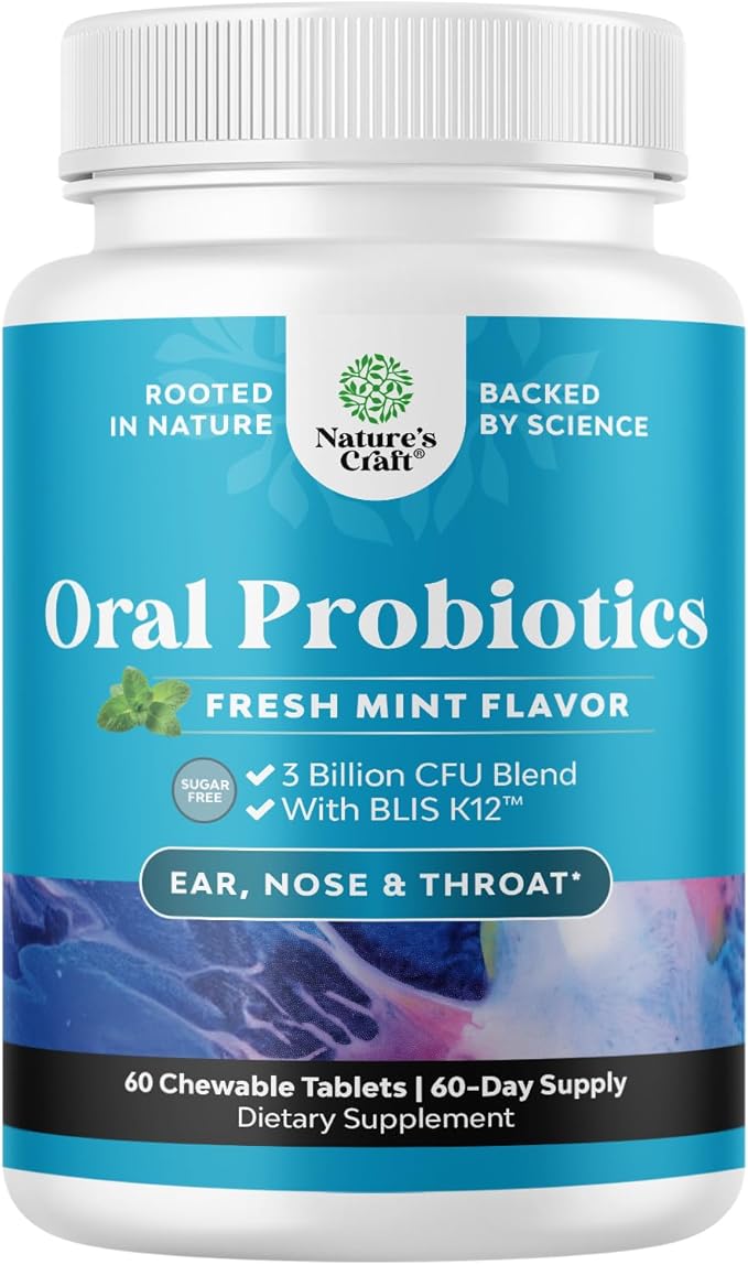 Oral Probiotics for Teeth and Gums - Minty Fresh BLIS K12 Oral Probiotics for Mouth Bad Breath Dry Mouth and Dental Health Support with 3 Billion CFU - Chewable Xylitol Lozenges Mint Flavor (60 Count)